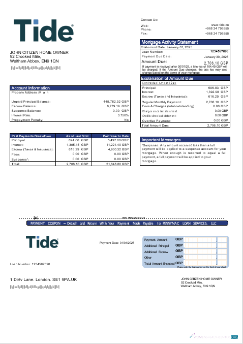 Download United Kingdom Tide bank mortgage statement in Word and PDF formats Photoshop template